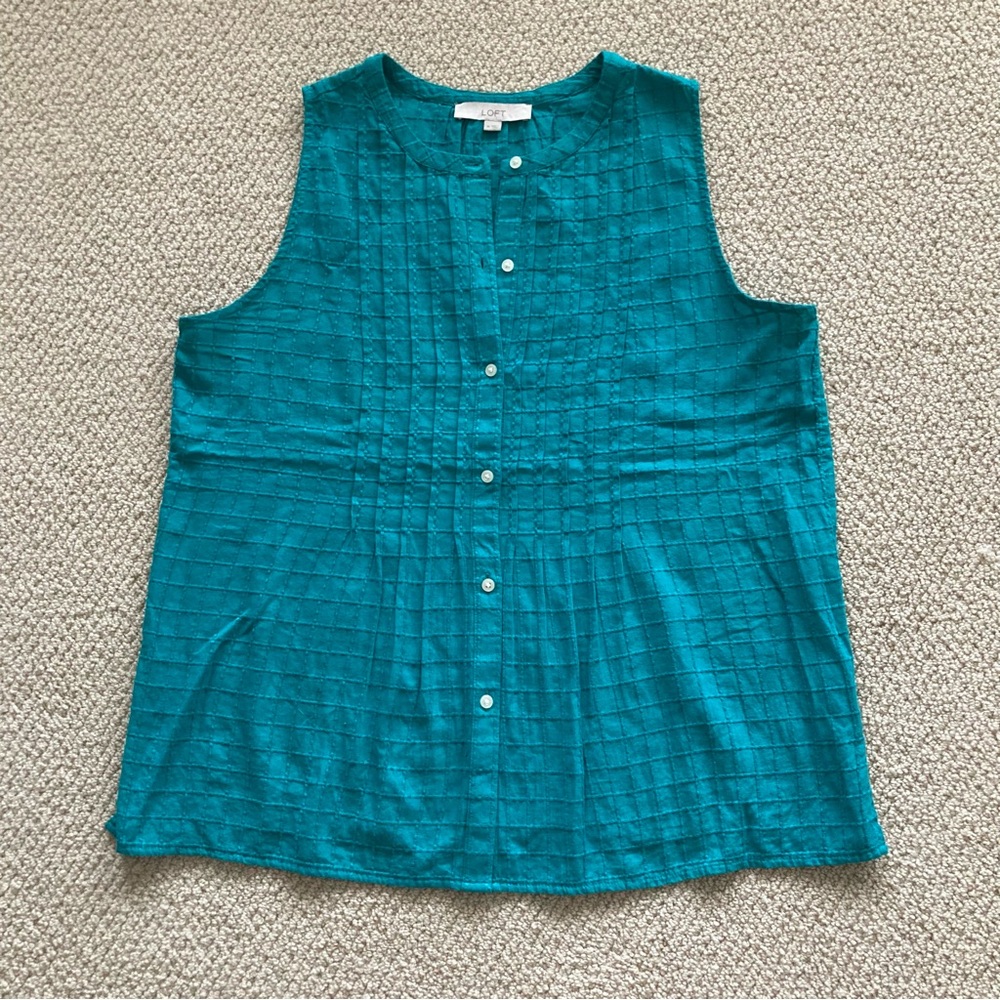 Loft Textured Button Down Tank Top Teal Size Medium 100% Cotton Lightweight VEUC